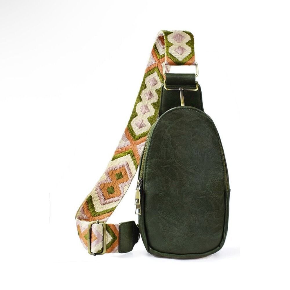 Boho Olive Green Leather Sling Bag Purse With Adjustable Guitar Strap New
